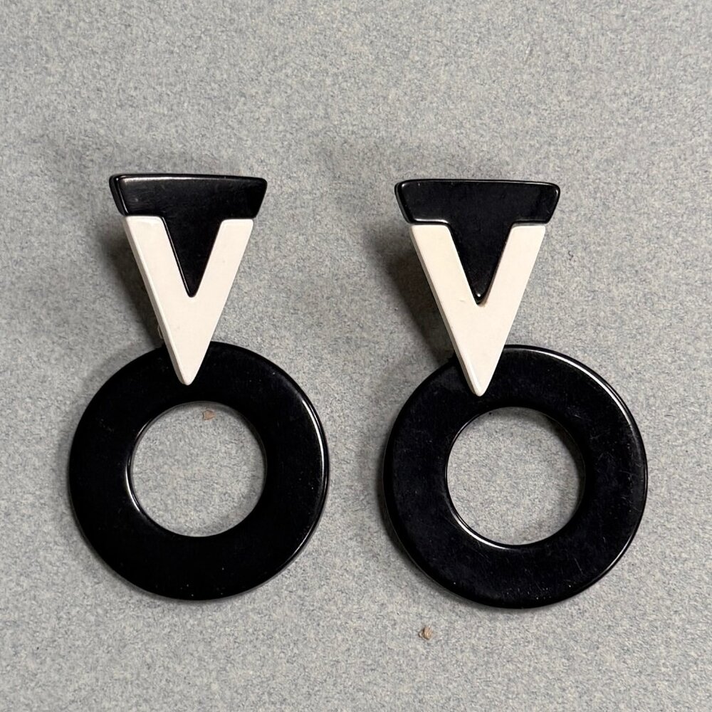 1980s Black & White Geometric Acrylic Stud Earrings - New Wave Statement Piece